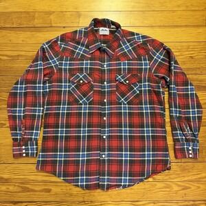 Vintage Dakota Flannel Shirt Mens XL Pearl Snap Red Blue Five Brother Made USA